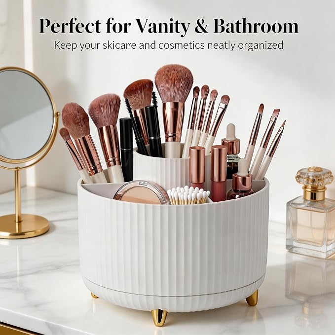 360 Rotating Makeup Brush Holder Organizer, 5-Slot White Spinning Cup - Image 5