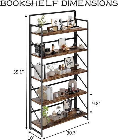 JSB Folding Bookshelf, Industrial Storage Shelves, No Assembly Vintage Wood - Image 3