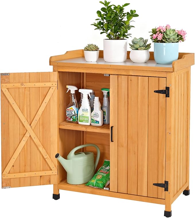 Outdoor Storage Cabinet with Metal Work Top|Waterproof Wooden Potting by FTCBNet