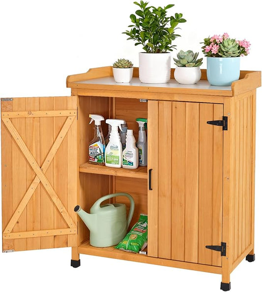 Outdoor Storage Cabinet with Metal Work Top|Waterproof Wooden Potting by FTCBNet