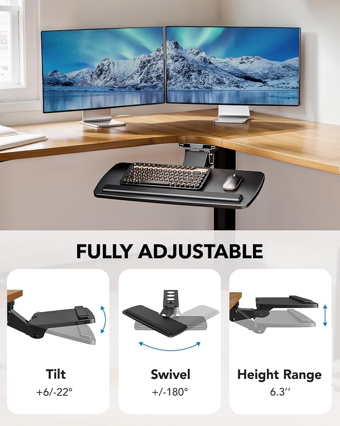 HUANUO Keyboard Tray Under Desk, 360 Adjustable Under Desk Keyboard Tray Slide - Image 3