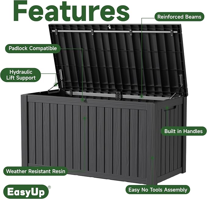 EasyUp 180 Gallon Outdoor Storage Box Waterproof, UV Resistant Resin Deck Box - Image 3