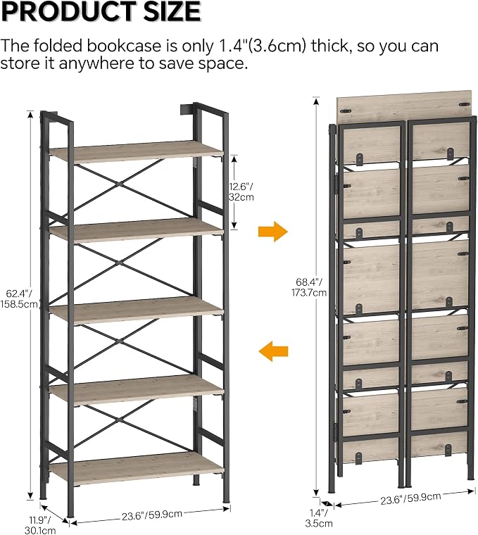 Folding Bookshelf, 5 Tier Bookcase Foldable Shelf - Image 3