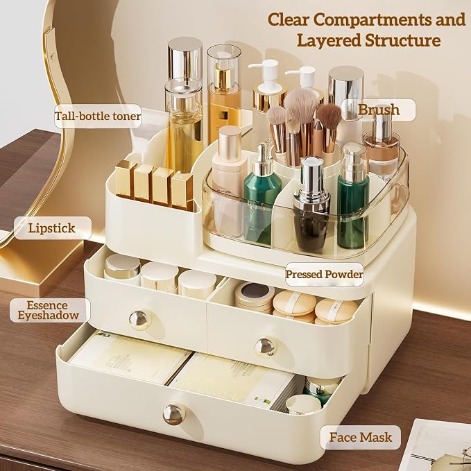 Makeup Organizer with Drawers and 360° Rotating Brush Holder, make up organizers - Image 2