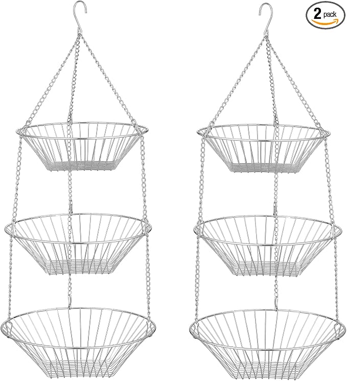 JUNCHU CHERRY 3-Tier Wire Fruit Hanging Basket 2 Packs, non-Punching Wall by JUNCHUCHERRY
