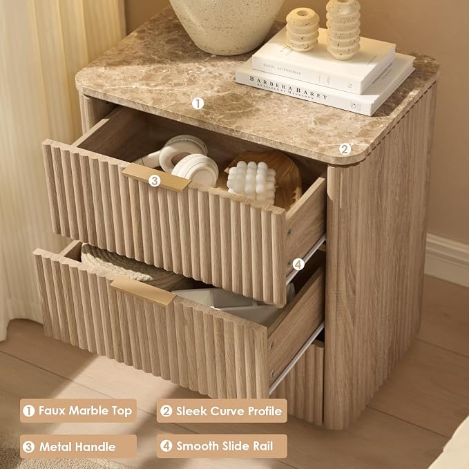 Fluted Nightstand Set of 2, Engineered Wood Bedside Table - Image 5