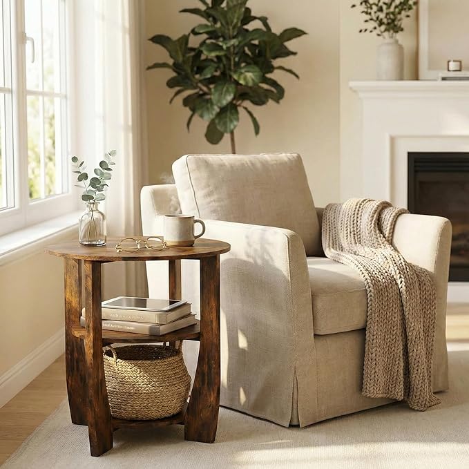 Rustic Brown Round Side Table, 3-Tier End Table - Image 2