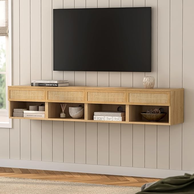 Rattan Floating Nightstands Set of 2, Wall Mounted End Table - Image 7