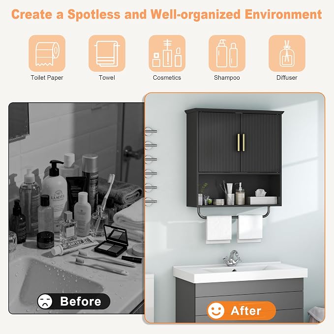 Wall Mounted Cabinet with Towel Bar & Shelves - Image 6