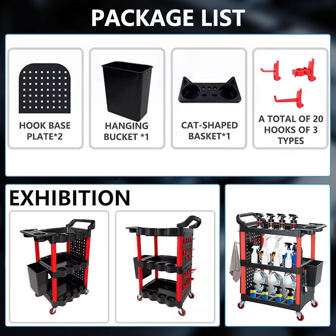 Auto Detailing Cart with Wheels, 3 Tier Rolling Detail Cart with Long Hanging - Image 3