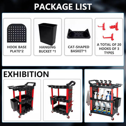 Auto Detailing Cart with Wheels, 3 Tier Rolling Detail Cart with Long Hanging - Image 3