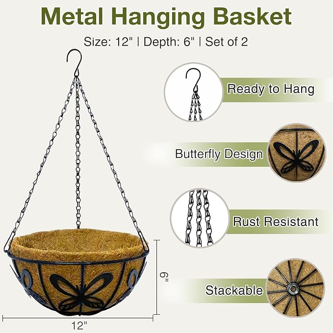 12 Inch Hanging Baskets for Plants Outdoor, 2 Pack Metal Wire Hanging Planters - Image 2