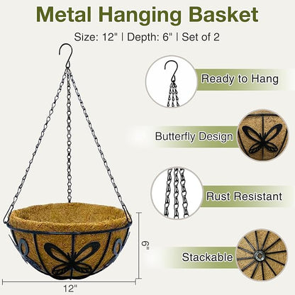 12 Inch Hanging Baskets for Plants Outdoor, 2 Pack Metal Wire Hanging Planters - Image 2