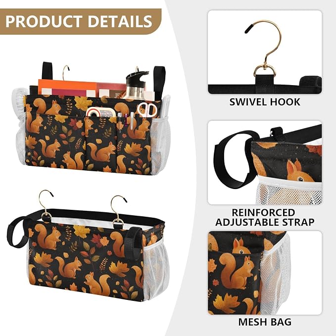 Black Orange Squirrel Leaves Falling Bedside Caddy - Image 5