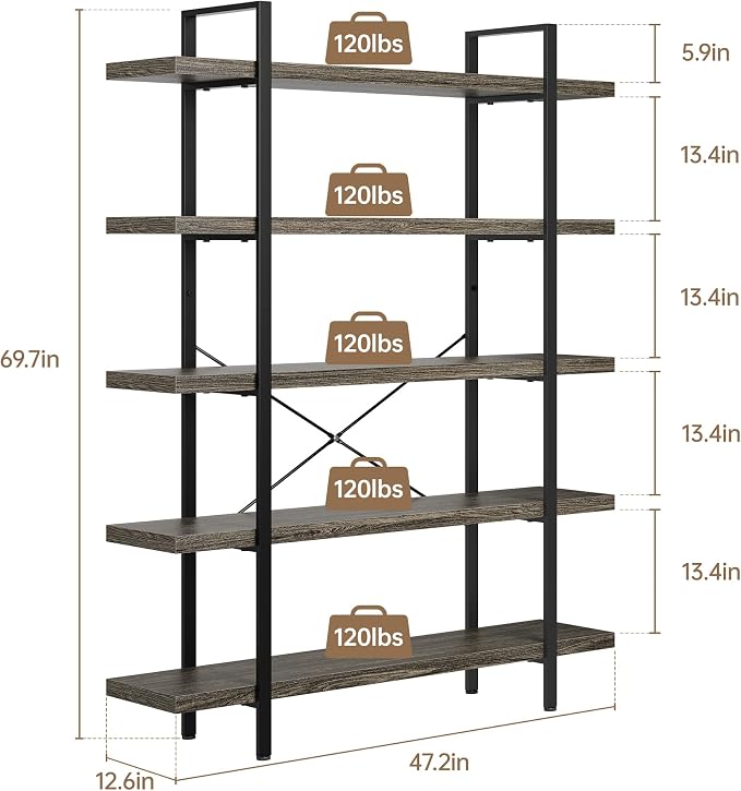 Bookshelf Set, Heavy Duty 5-Tier Industrial Bookcase, 120lbs Shelf Capacity - Image 2
