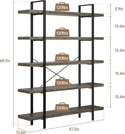 Bookshelf Set, Heavy Duty 5-Tier Industrial Bookcase, 120lbs Shelf Capacity - Image 2