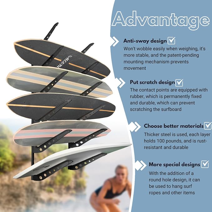 Snowboard Wall Mount, Adjustable 5/6 Board Surfboard Rack, Surfboard Wall - Image 4