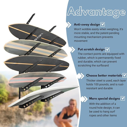 Snowboard Wall Mount, Adjustable 5/6 Board Surfboard Rack, Surfboard Wall - Image 4