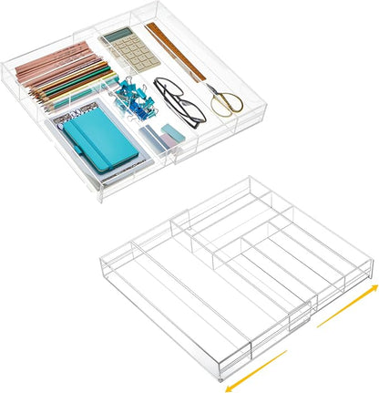 2 Pcs Acrylic Drawer Organizer 9'' up to 18'' x 15'' x 2'' Expandable Drawer by Briwooody