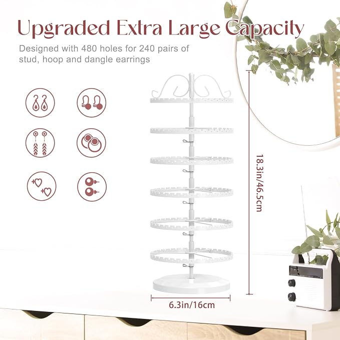 MODOWEY 6 Tier Rotating Earring Holder Organizer Stand, Adjustable Metal - Image 2