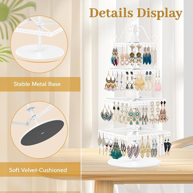 MODOWEY Rotating Earring Holder Organizer Stand, 4 Tier Adjustable Metal - Image 5
