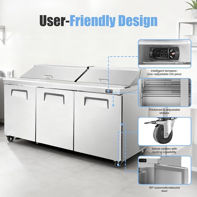 72" W Commercial Refrigerator Sandwich Salad Prep Table, Stainless Steel 3-Door - Image 2