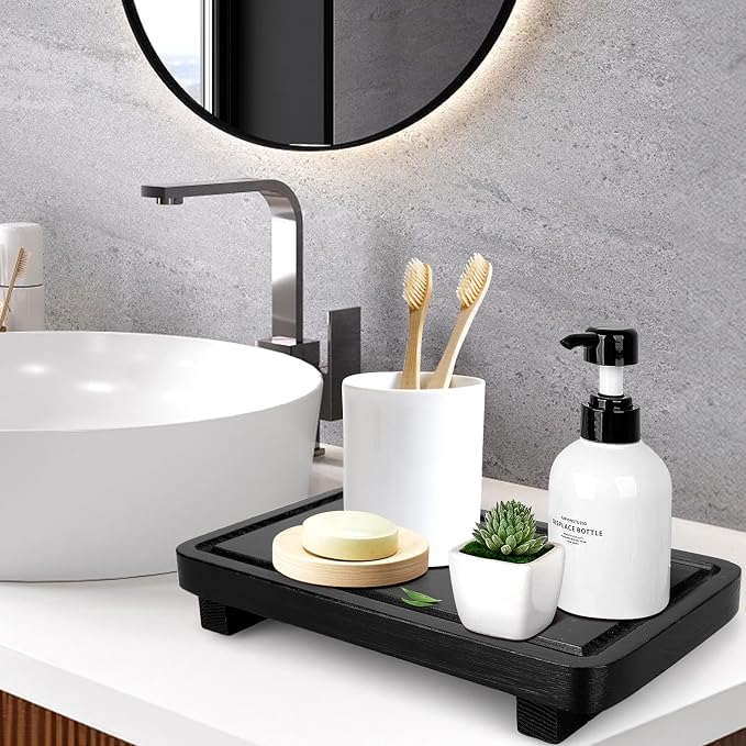 Black Bathroom Counter Organizer Tray Wood Riser Kitchen Countertop Trays - Image 2