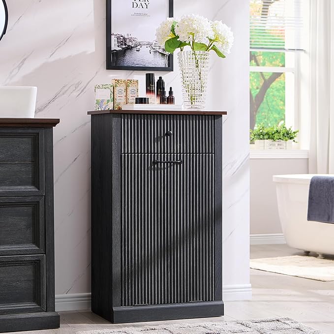 Modern Tilt-Out Laundry Hamper Cabinet, 10 Gallon Fluted Trash Can Cabinet by IFBUYFarmhouseFurniture