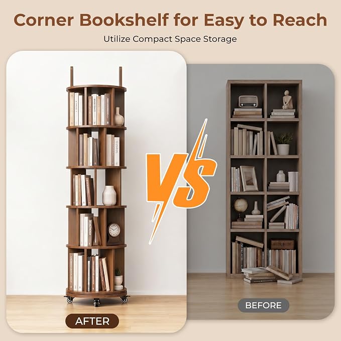 Kryonix 5 Tier Solid Wood Rotating Bookshelf on Wheels, Spinning Bookcase | - Image 4