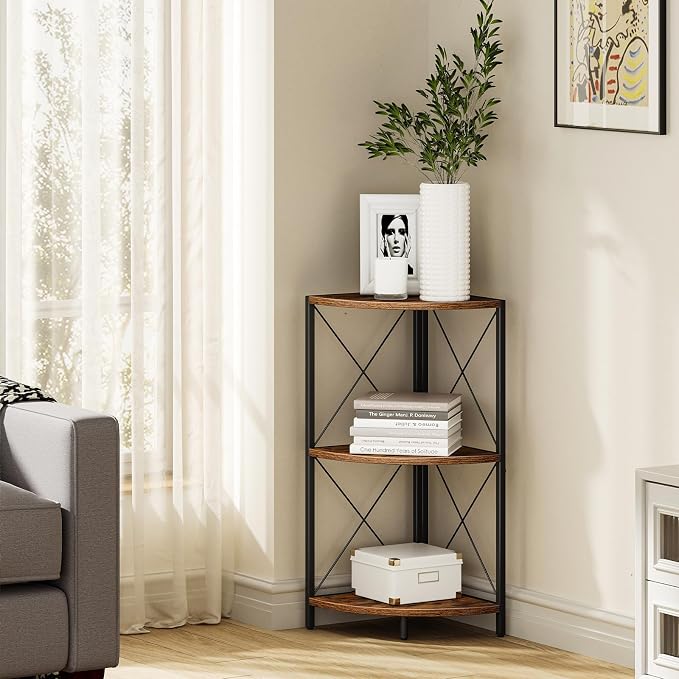 Snughome Corner Shelf with Metal Frame, 3 Tier Rustic Corner Storage Organizer - Image 2