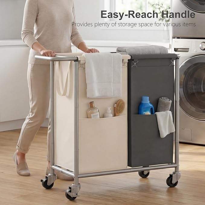 Heybly 2-Section Laundry Sorter Hamper, Rolling Laundry Hamper - Image 5