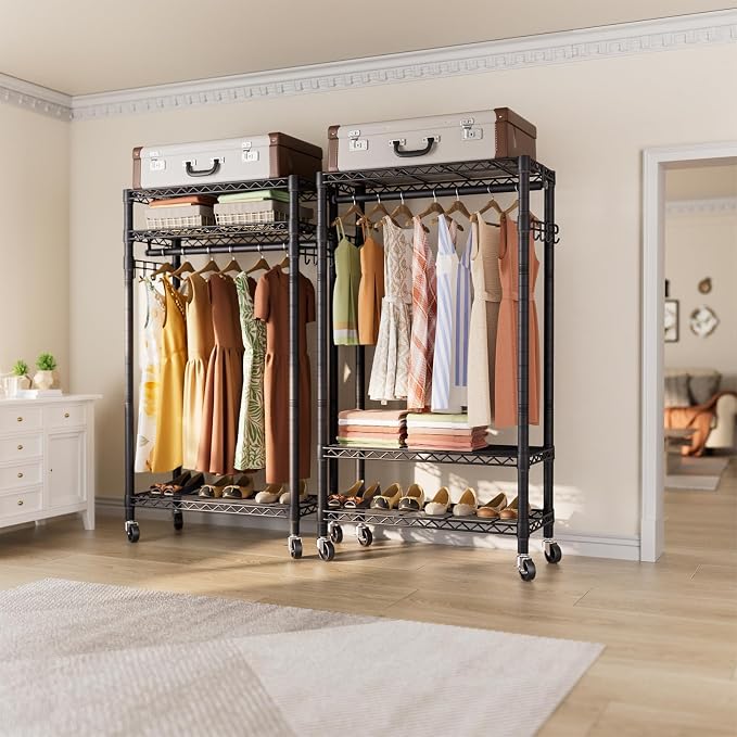 Heavy Duty Clothes Rack Rolling Garment Rack, 3 Tier Adjustable Wire Shelving - Image 2