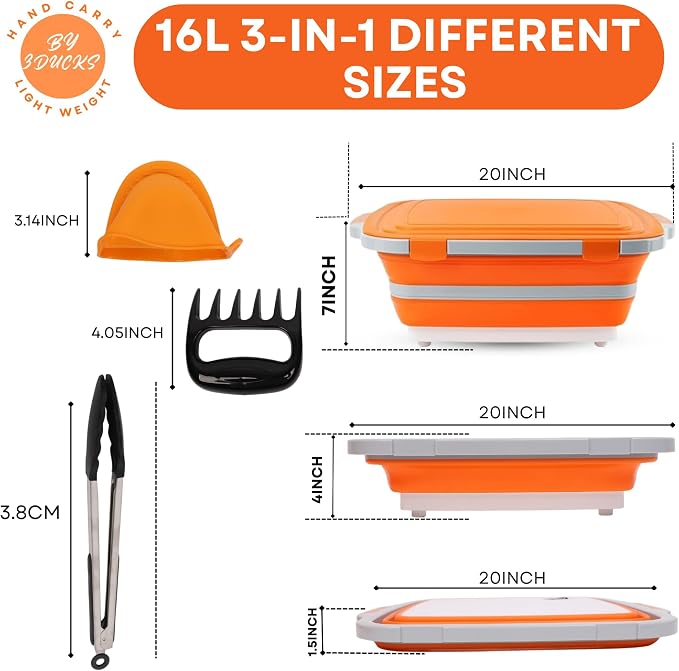 Collapsible BBQ Prep Tub16L Orange | Portable Meat Marinating Container - Image 2