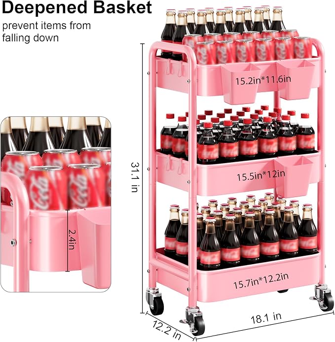 3 Tier Rolling Cart Metal with Lockable Wheels, Storage Utility Trolley Carts - Image 8