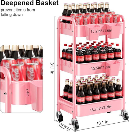 3 Tier Rolling Cart Metal with Lockable Wheels, Storage Utility Trolley Carts - Image 8