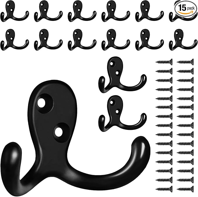 15 Pack Coat Hooks Wall Hooks for Hanging, Heavy Duty Double Prong Metal Hook by CBWLWJ