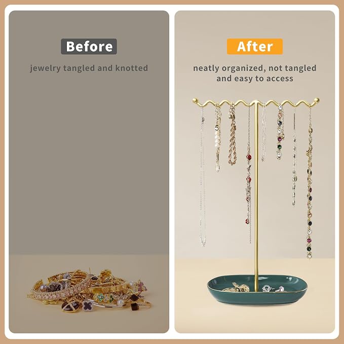 Elegant Jewelry Holder Stand: Metal Tree & Ceramic Tray Organizer - Image 3