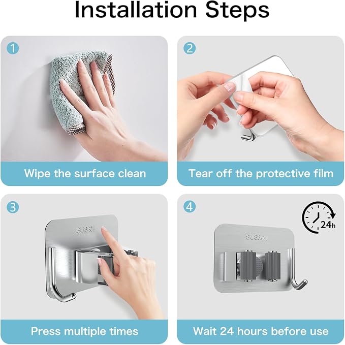 nacena 4 Pack No Drill Self Adhesive Broom Mop Holder Wall Mount - Image 3