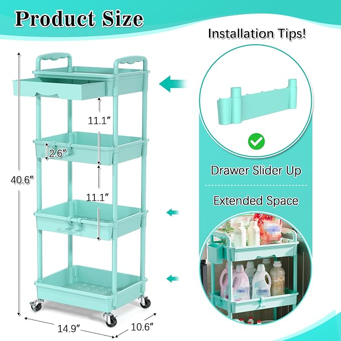 SUNALLY 4 Tier Rolling Utility Cart - Image 2