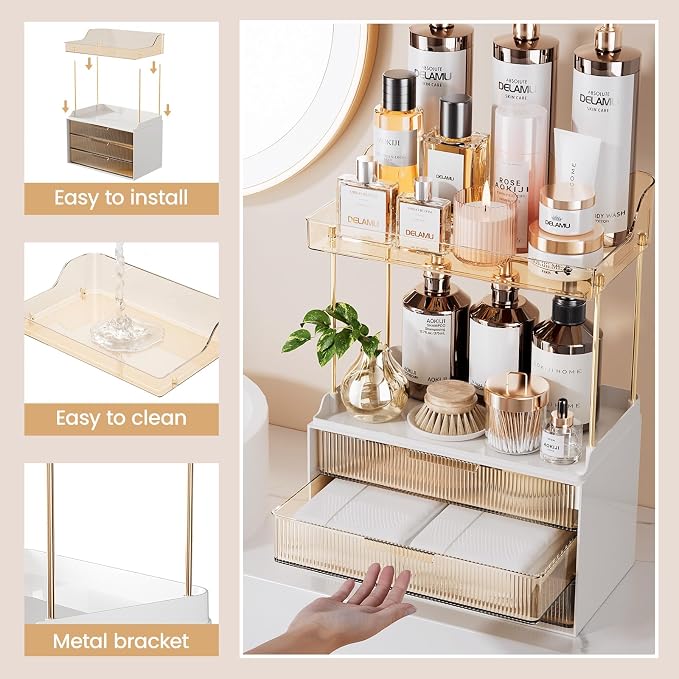 Delamu Bathroom Organizers and Storage, 2 Tier 3 Drawer Makeup Organizer - Image 4