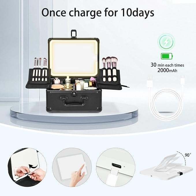 Makeup Case with Lighted Mirror, Makeup Box Organizer with Detachable LED Mirror - Image 6