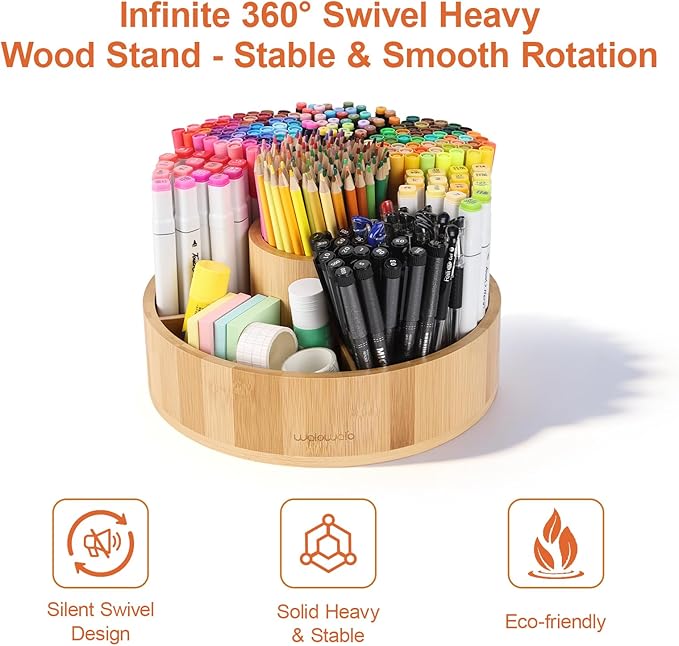 Marker Organizer Rotating Bamboo Desk Organizer, Silent 360° Rotation Caddy - Image 6
