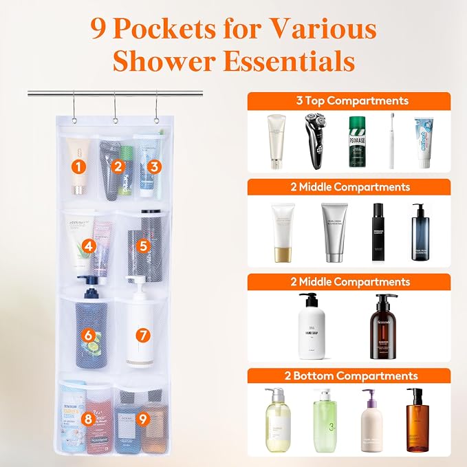 Lifewit Cruise Essentials Shower Caddy Must-Have, 9 Pockets Hanging Bathroom - Image 3