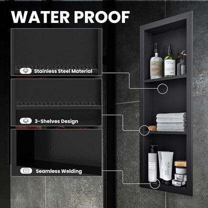 12" x 36" Stainless Steel Shower Niche, 3-Tier Waterproof Shelves, No-Tile - Image 4