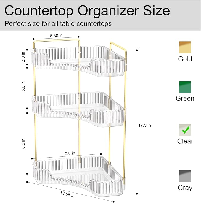 GTI 3-Tier Corner Bathroom Counter Organizer, Large Capacity Makeup Organizer - Image 3