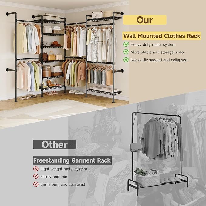 ONBRILL L4 Wall Mounted Industrial Pipe Clothing Rack, Closet Organizer System - Image 6