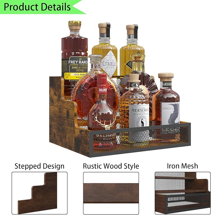 3-Tier Liquor Bottle Display Shelf, Rustic Wooden Bottle Holder Stand - Image 3