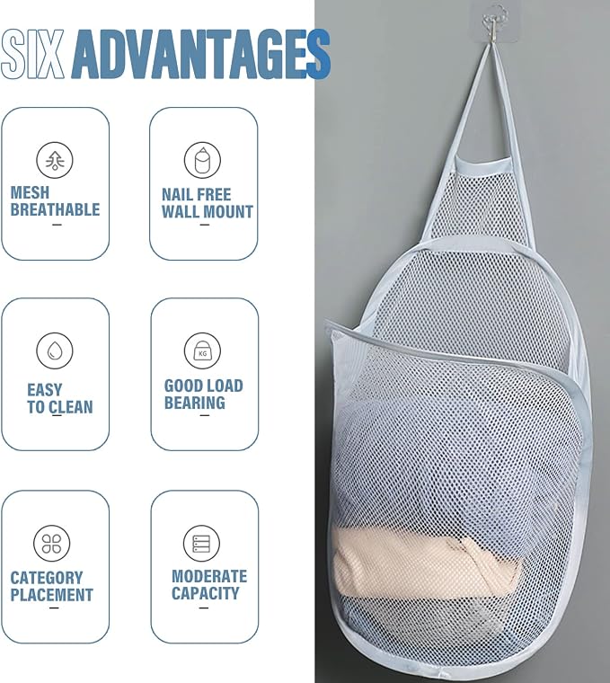 3 Pieces Hanging Laundry Hamper Foldable Mesh Hamper Dirty Cloth Basket - Image 2