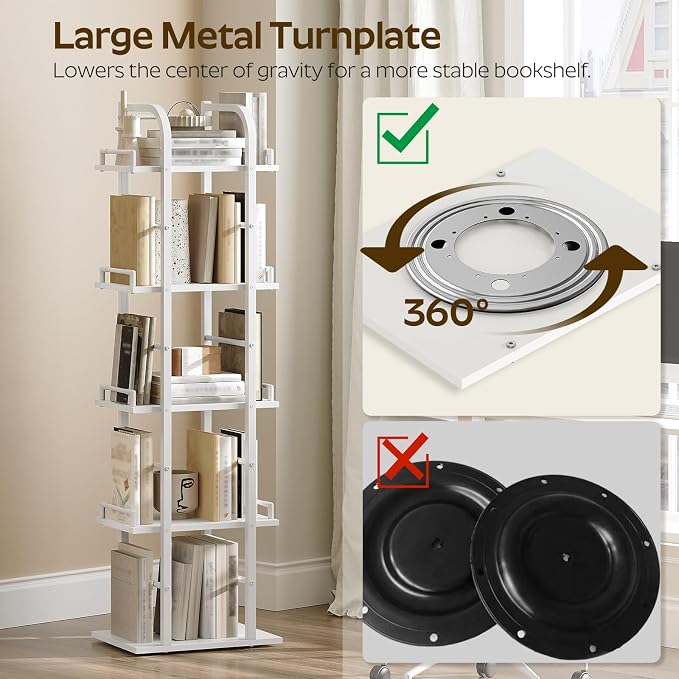 YATINEY 5 Tier Rotating Bookshelf, Freestanding Corner Bookshelf, 360 Spinning - Image 6