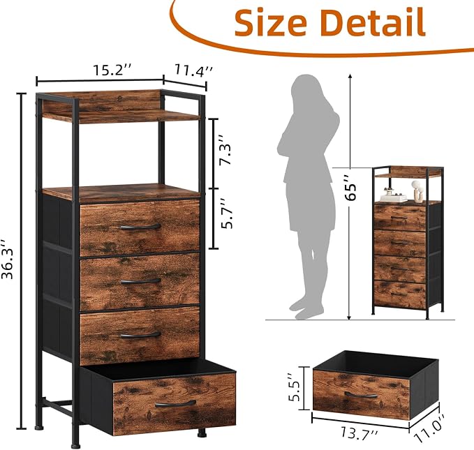 Somdot Nightstand with 4 Drawers, Vertical Fabric Dresser - Image 3